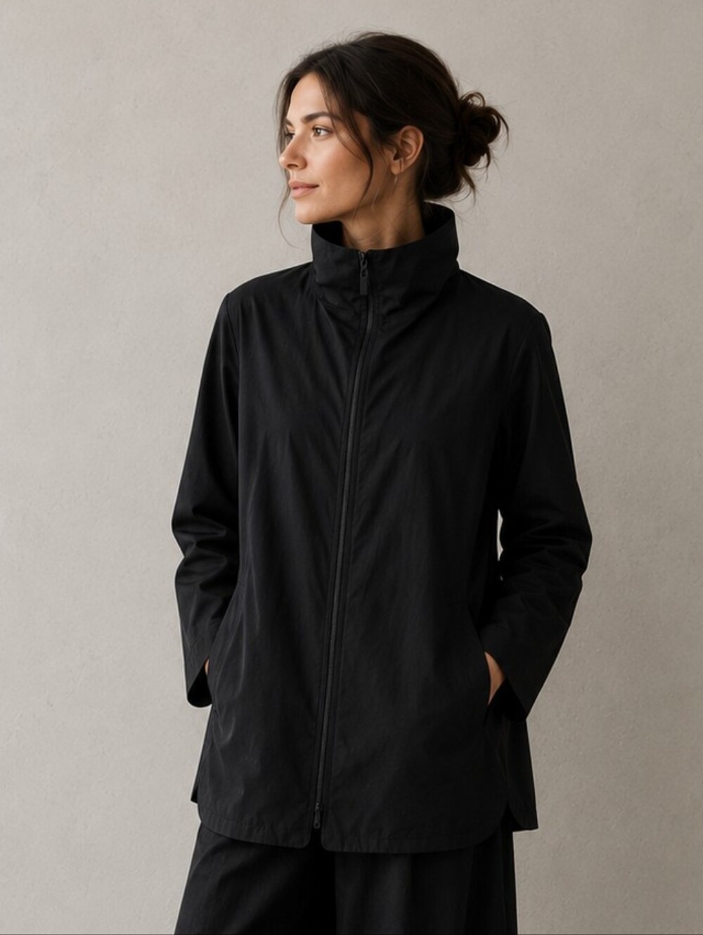 Eileen Fisher Stand Collar Long Coat Cotton Nylon Wool Minimalist Size Small